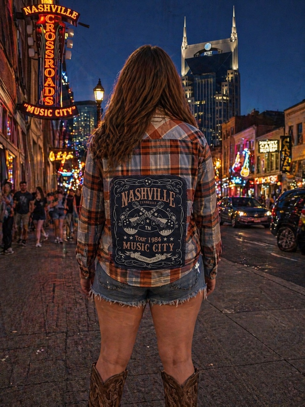 Nashville Plaid Patch Button-Up Shirt - Orange & Navy